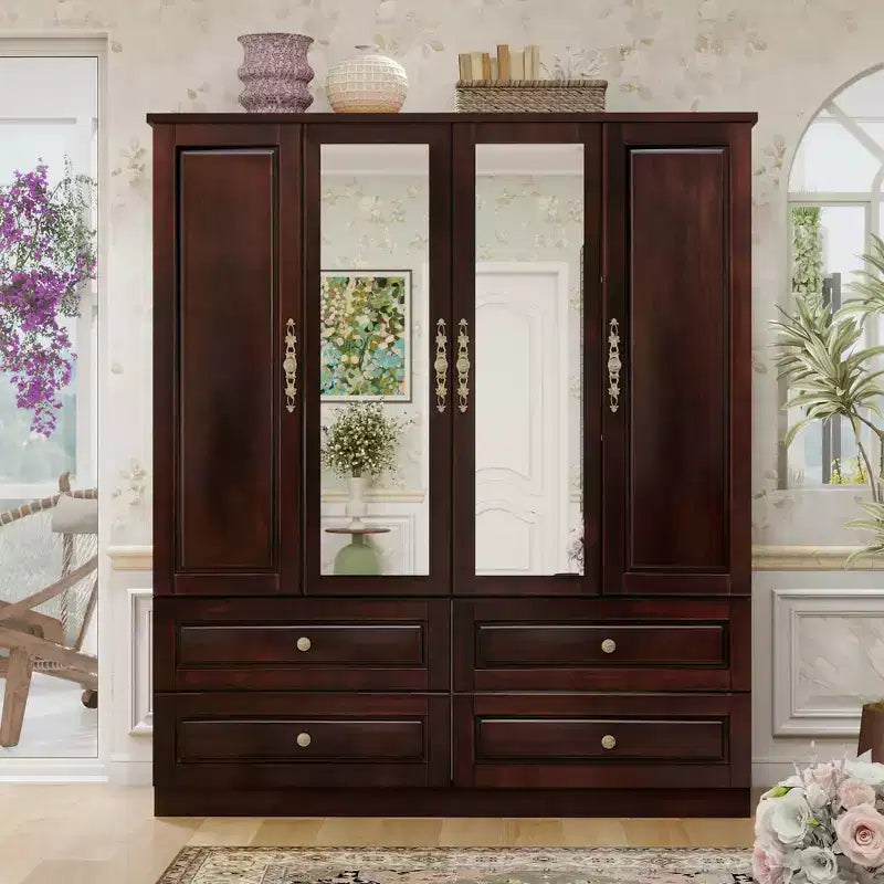 Keloyid Seusar Armoire bois noir brunâtre 156 cm avec 4 tiroirs, 2 miroirs, tringle à vêtements et étagères
