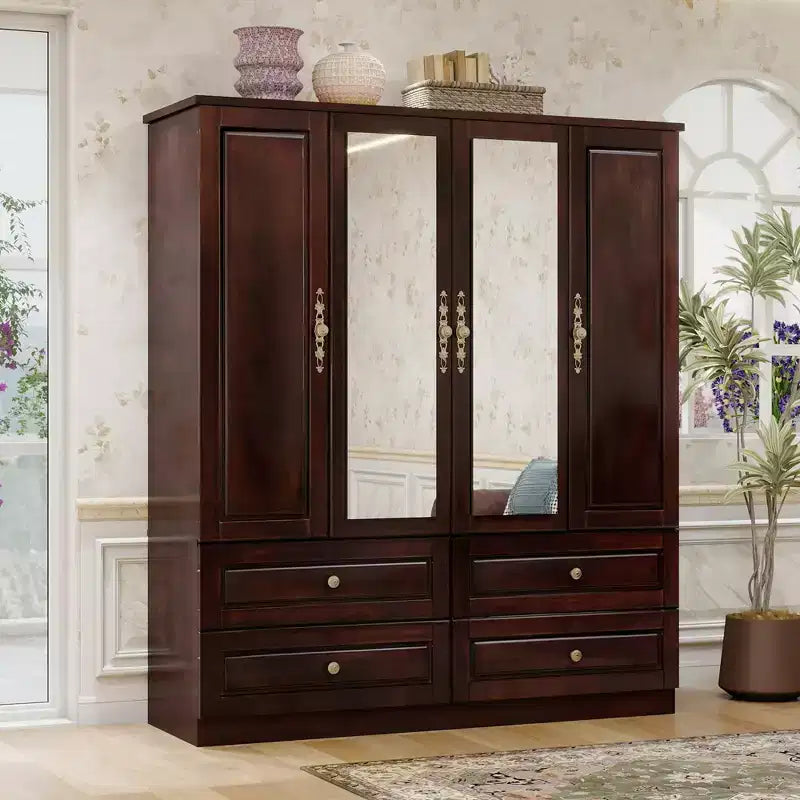 Keloyid Seusar Armoire bois noir brunâtre 156 cm avec 4 tiroirs, 2 miroirs, tringle à vêtements et étagères