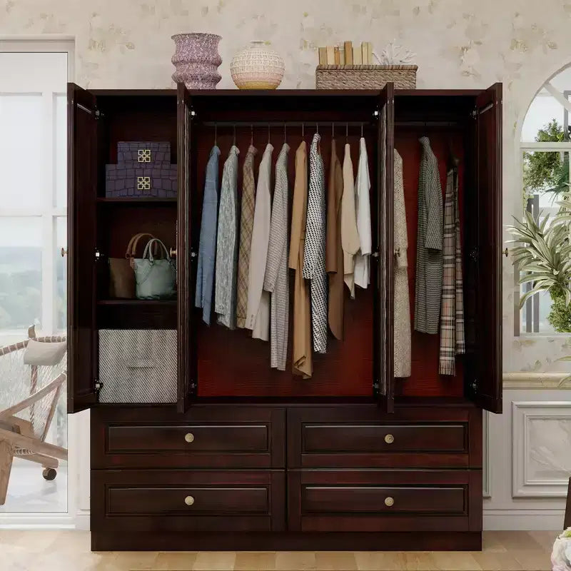 Keloyid Seusar Armoire bois noir brunâtre 156 cm avec 4 tiroirs, 2 miroirs, tringle à vêtements et étagères