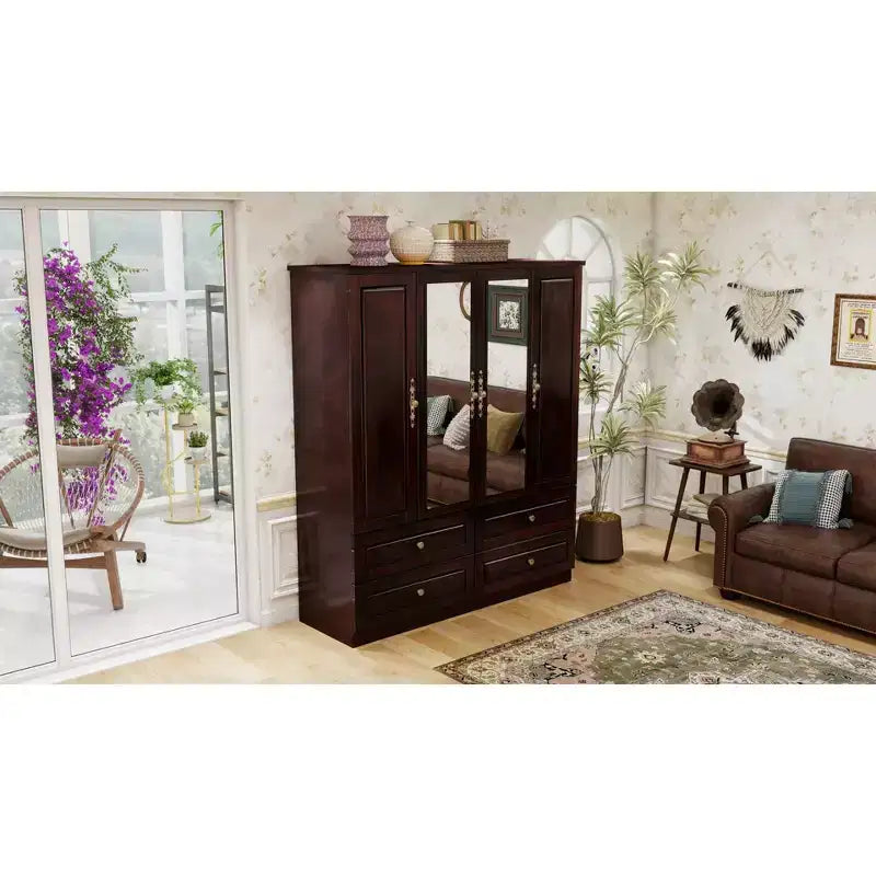 Keloyid Seusar Armoire bois noir brunâtre 156 cm avec 4 tiroirs, 2 miroirs, tringle à vêtements et étagères