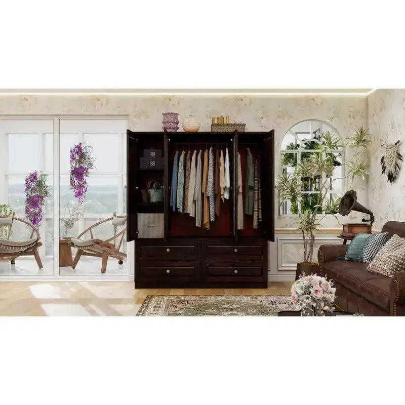 Keloyid Seusar Armoire bois noir brunâtre 156 cm avec 4 tiroirs, 2 miroirs, tringle à vêtements et étagères