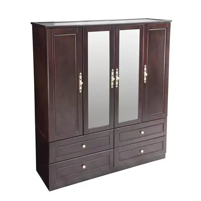 Keloyid Seusar Armoire bois noir brunâtre 156 cm avec 4 tiroirs, 2 miroirs, tringle à vêtements et étagères