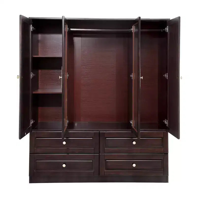 Keloyid Seusar Armoire bois noir brunâtre 156 cm avec 4 tiroirs, 2 miroirs, tringle à vêtements et étagères