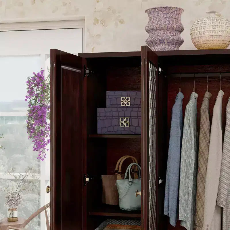Keloyid Seusar Armoire bois noir brunâtre 156 cm avec 4 tiroirs, 2 miroirs, tringle à vêtements et étagères