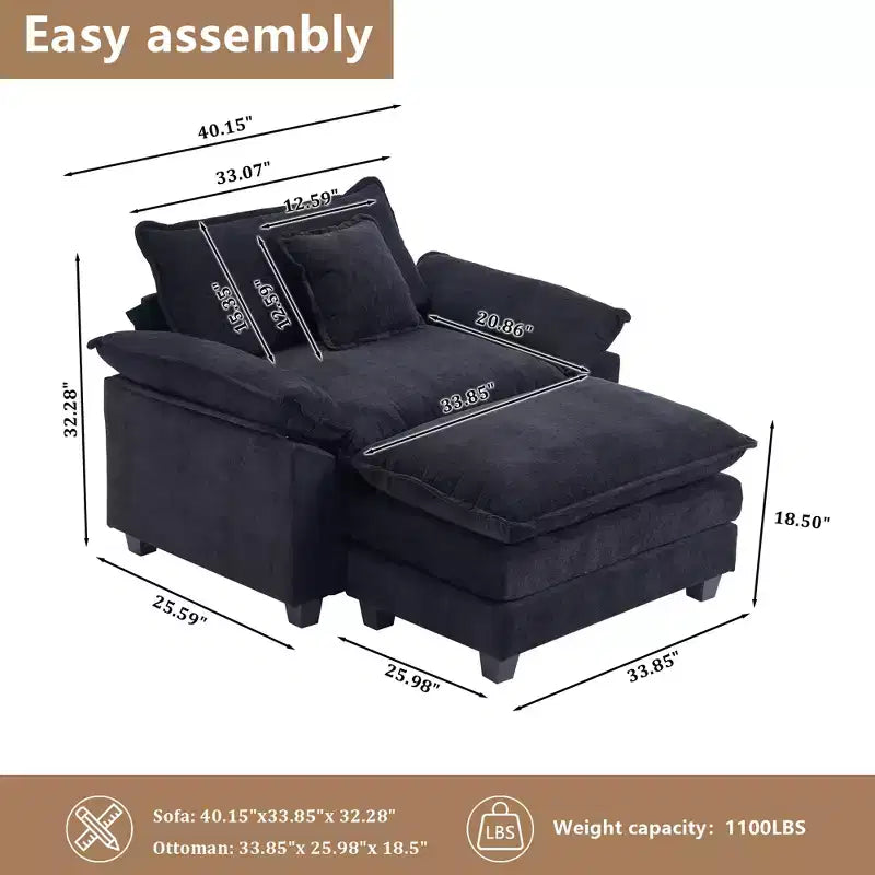 Fauteuil d'appoint surdimensionné en chenille EHMKNP avec pouf