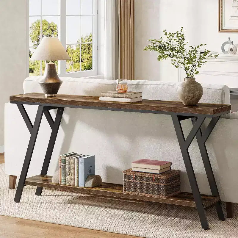 Table console étroite et longue Lantine de 70,9 pouces, table de canapé industrielle à 2 niveaux derrière le canapé pour le couloir, le salon, l'entrée