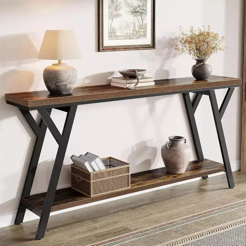 Table console étroite et longue Lantine de 70,9 pouces, table de canapé industrielle à 2 niveaux derrière le canapé pour le couloir, le salon, l'entrée