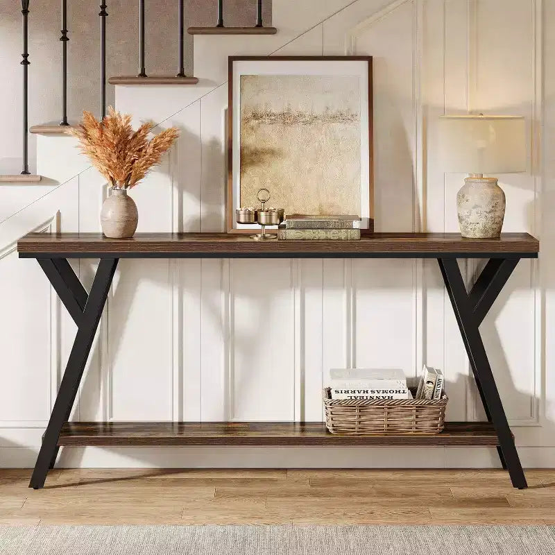 Table console étroite et longue Lantine de 70,9 pouces, table de canapé industrielle à 2 niveaux derrière le canapé pour le couloir, le salon, l'entrée