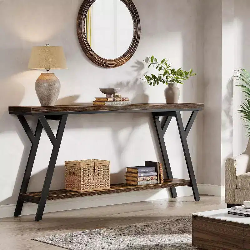 Table console étroite et longue Lantine de 70,9 pouces, table de canapé industrielle à 2 niveaux derrière le canapé pour le couloir, le salon, l'entrée