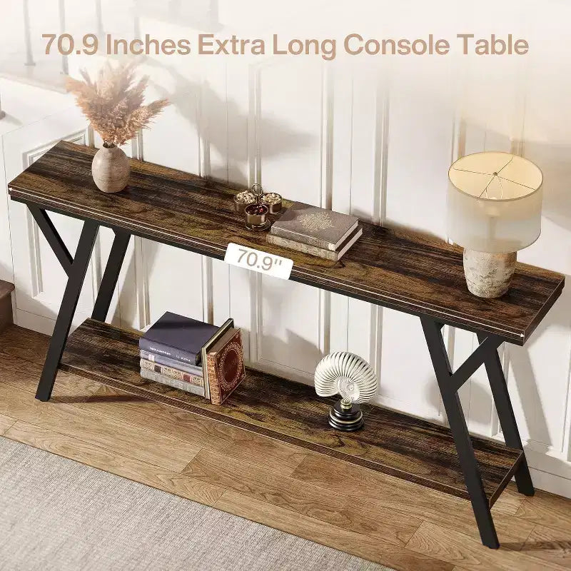 Table console étroite et longue Lantine de 70,9 pouces, table de canapé industrielle à 2 niveaux derrière le canapé pour le couloir, le salon, l'entrée