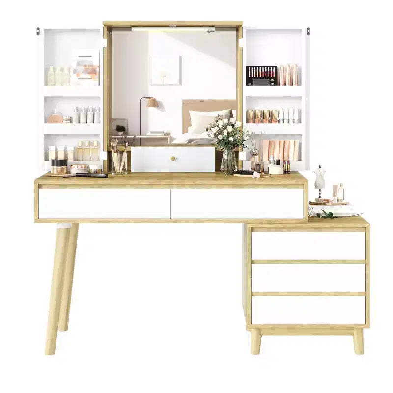 Coiffeuse, Meuble coiffeuse - avec miroir et lumières, 7 tiroirs, grand ensemble avec tabouret pour chambre à coucher (Blanc)
