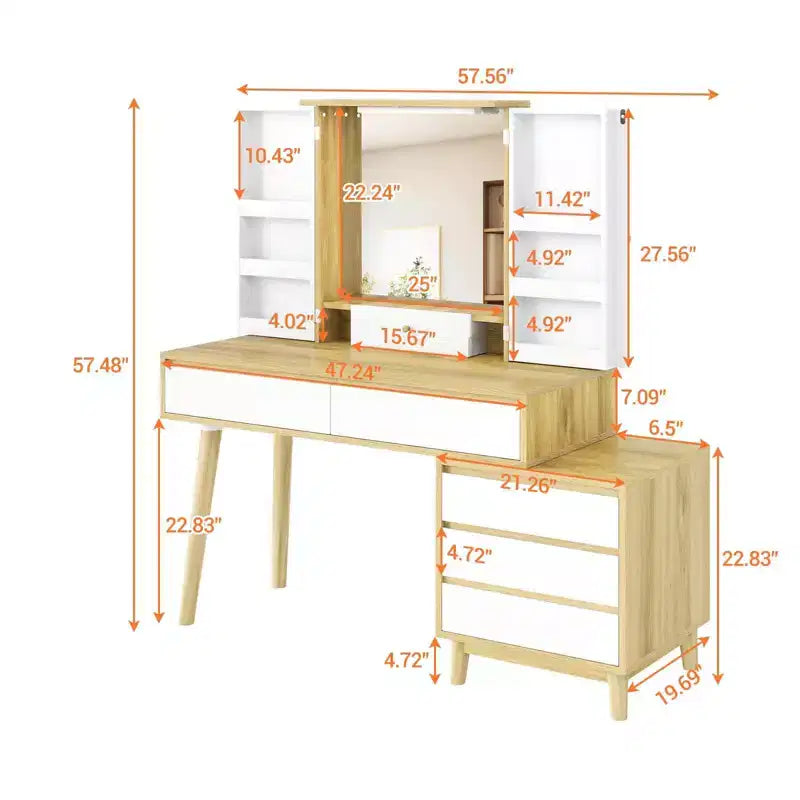 Coiffeuse, Meuble coiffeuse - avec miroir et lumières, 7 tiroirs, grand ensemble avec tabouret pour chambre à coucher (Blanc)