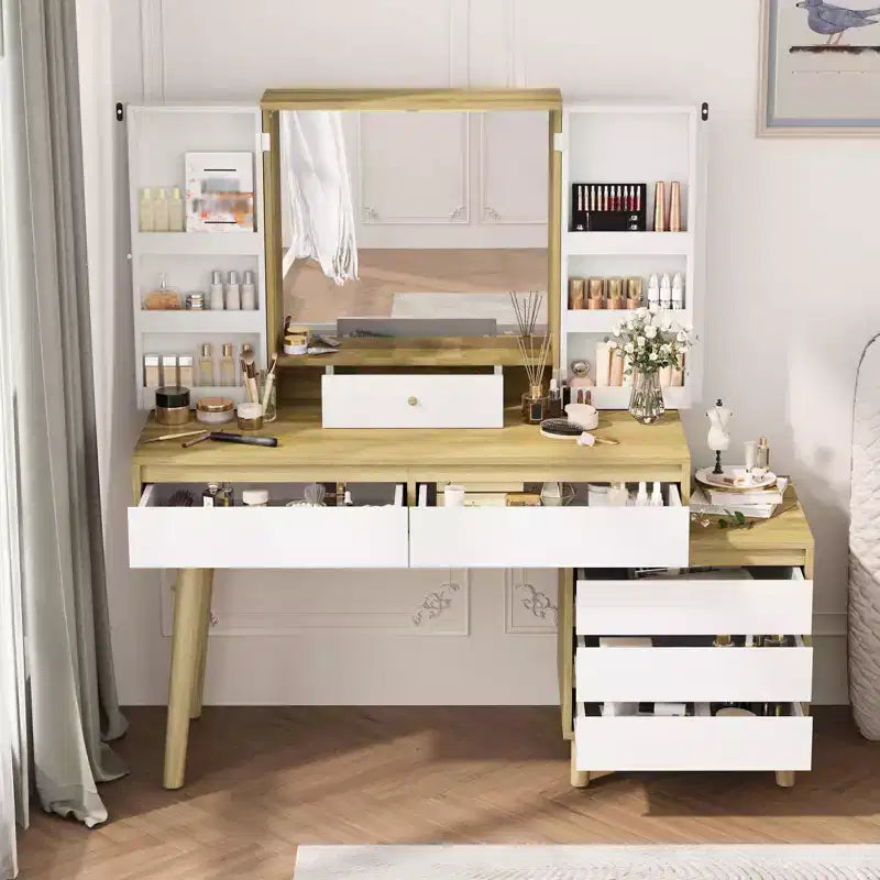 Coiffeuse, Meuble coiffeuse - avec miroir et lumières, 7 tiroirs, grand ensemble avec tabouret pour chambre à coucher (Blanc)