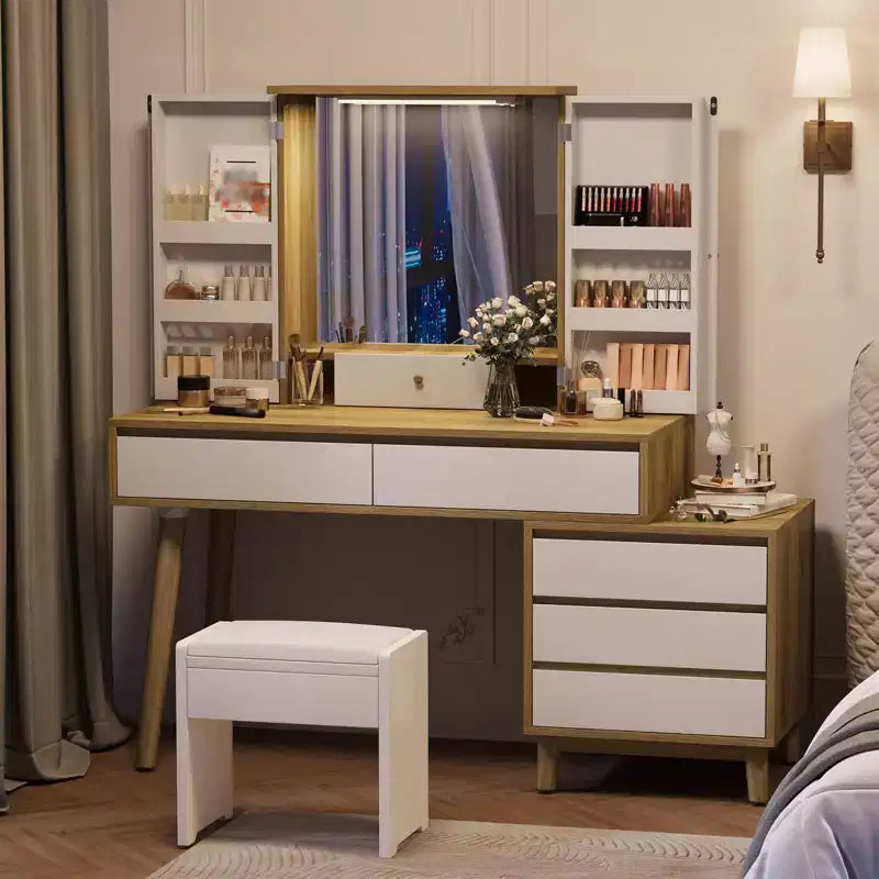 Coiffeuse, Meuble coiffeuse - avec miroir et lumières, 7 tiroirs, grand ensemble avec tabouret pour chambre à coucher (Blanc)