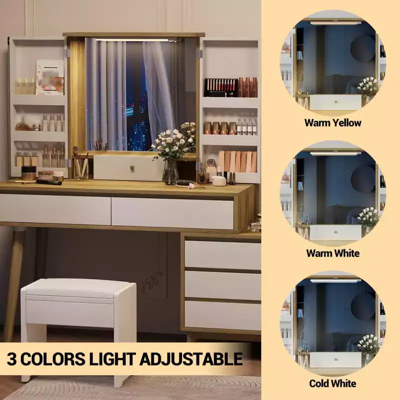 Coiffeuse, Meuble coiffeuse - avec miroir et lumières, 7 tiroirs, grand ensemble avec tabouret pour chambre à coucher (Blanc)