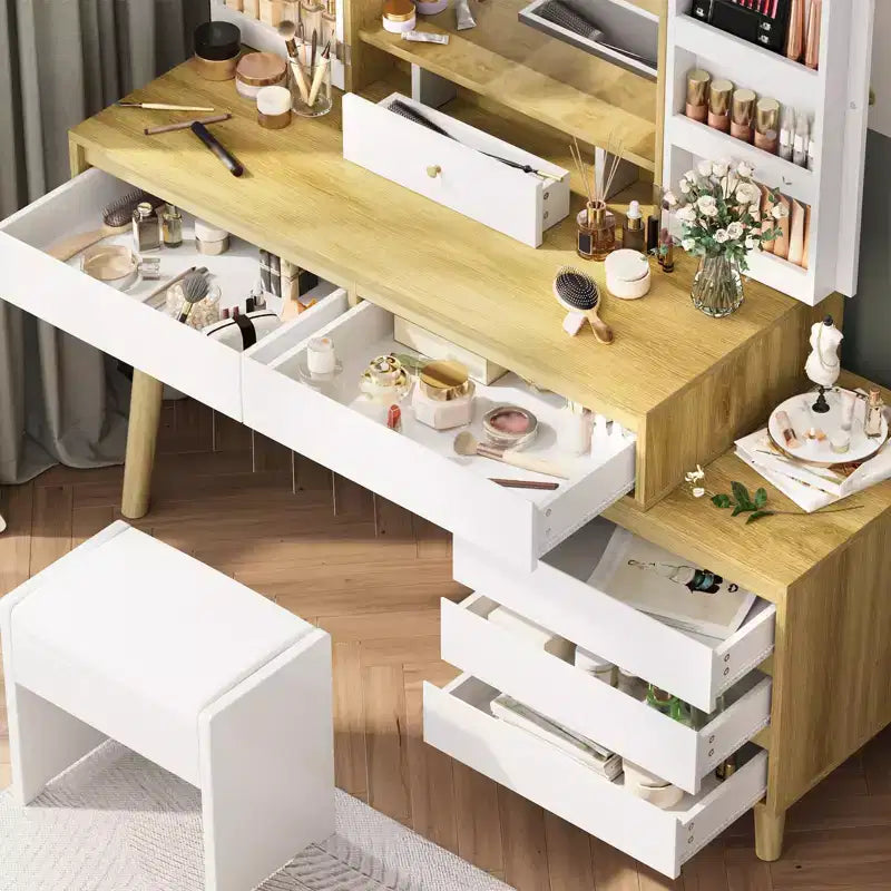 Coiffeuse, Meuble coiffeuse - avec miroir et lumières, 7 tiroirs, grand ensemble avec tabouret pour chambre à coucher (Blanc)