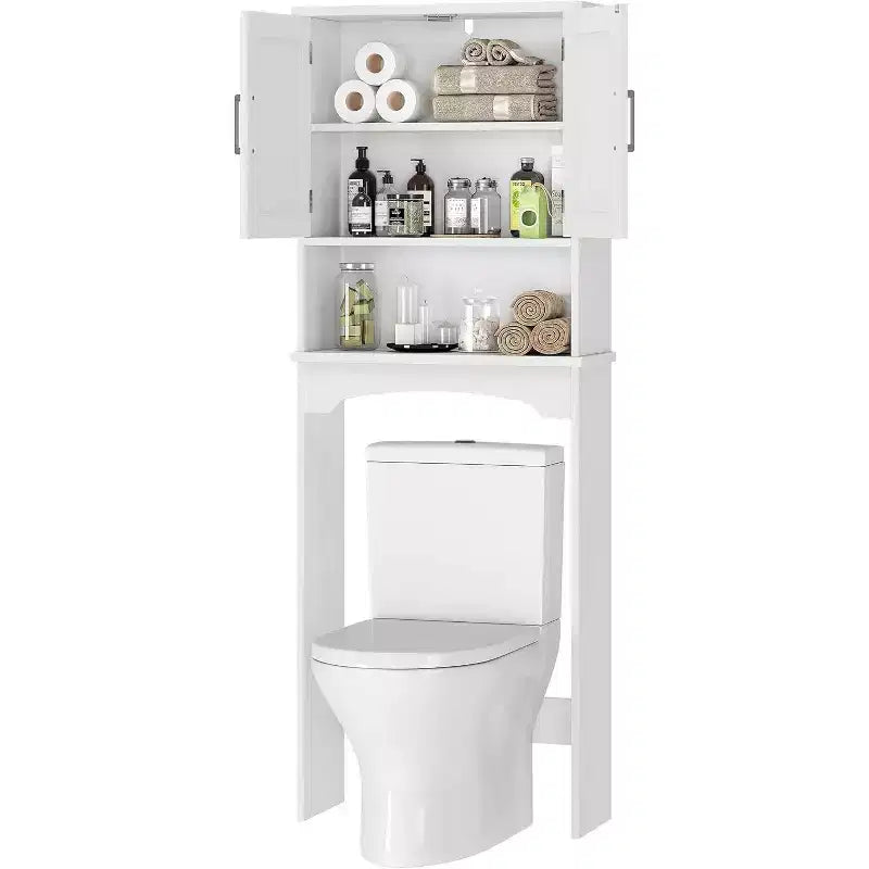 Acekool Meuble de Rangement WC, Organisateur de Salle de Bain avec Portes Doubles, Étagère Ouverte, Conception Haute Gain de Place, Kit Anti-Basculement, Blanc
