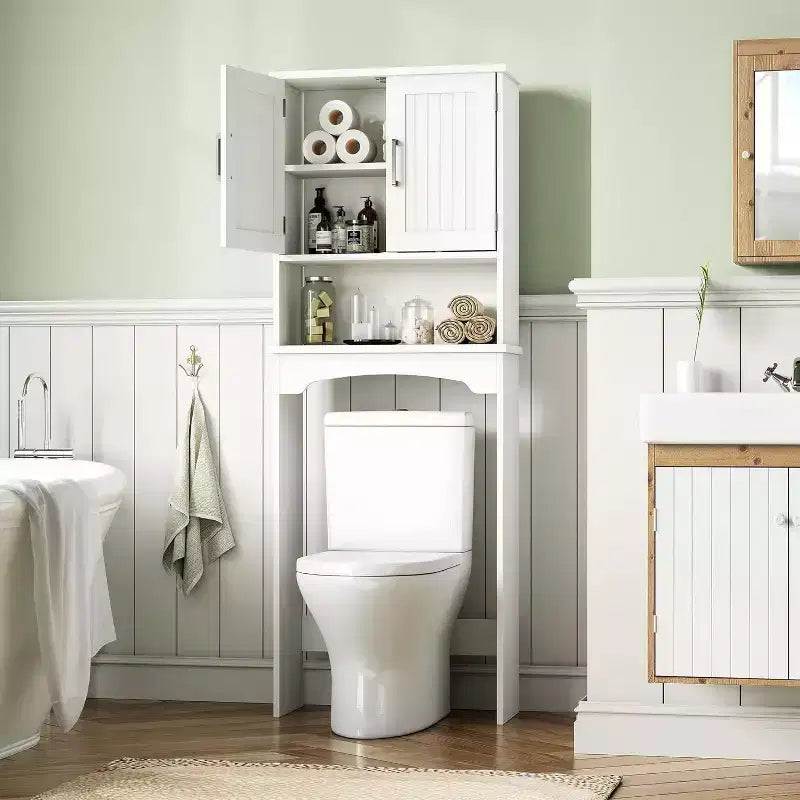 Acekool Meuble de Rangement WC, Organisateur de Salle de Bain avec Portes Doubles, Étagère Ouverte, Conception Haute Gain de Place, Kit Anti-Basculement, Blanc