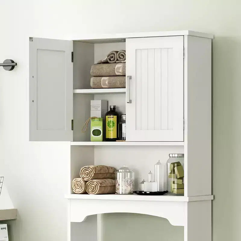 Acekool Meuble de Rangement WC, Organisateur de Salle de Bain avec Portes Doubles, Étagère Ouverte, Conception Haute Gain de Place, Kit Anti-Basculement, Blanc