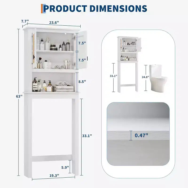 Meuble de rangement Acekool au-dessus des toilettes, organisateur de salle de bain de style ferme avec portes en rotin, étagère réglable, armoire de salle de bain blanche