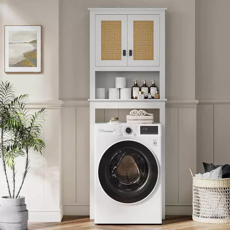 Meuble de rangement Acekool au-dessus des toilettes, organisateur de salle de bain de style ferme avec portes en rotin, étagère réglable, armoire de salle de bain blanche