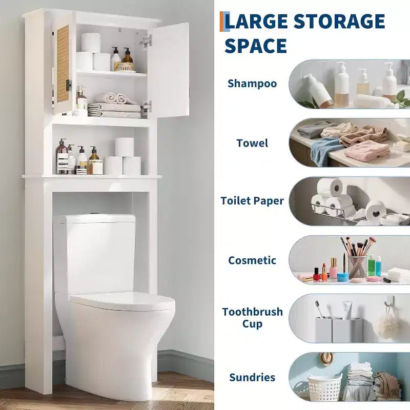 Meuble de rangement Acekool au-dessus des toilettes, organisateur de salle de bain de style ferme avec portes en rotin, étagère réglable, armoire de salle de bain blanche