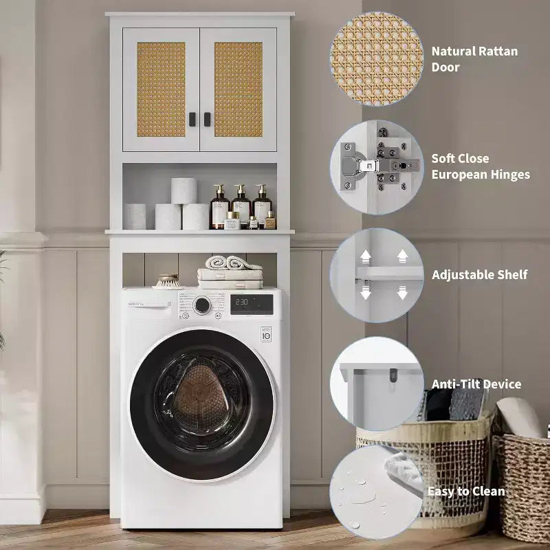 Meuble de rangement Acekool au-dessus des toilettes, organisateur de salle de bain de style ferme avec portes en rotin, étagère réglable, armoire de salle de bain blanche