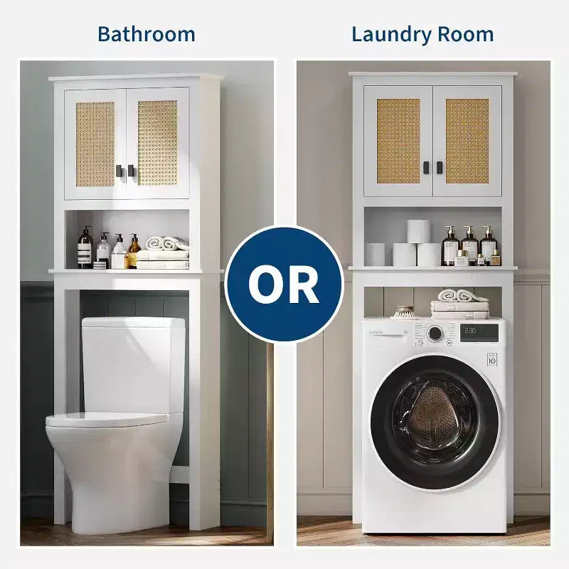 Meuble de rangement Acekool au-dessus des toilettes, organisateur de salle de bain de style ferme avec portes en rotin, étagère réglable, armoire de salle de bain blanche