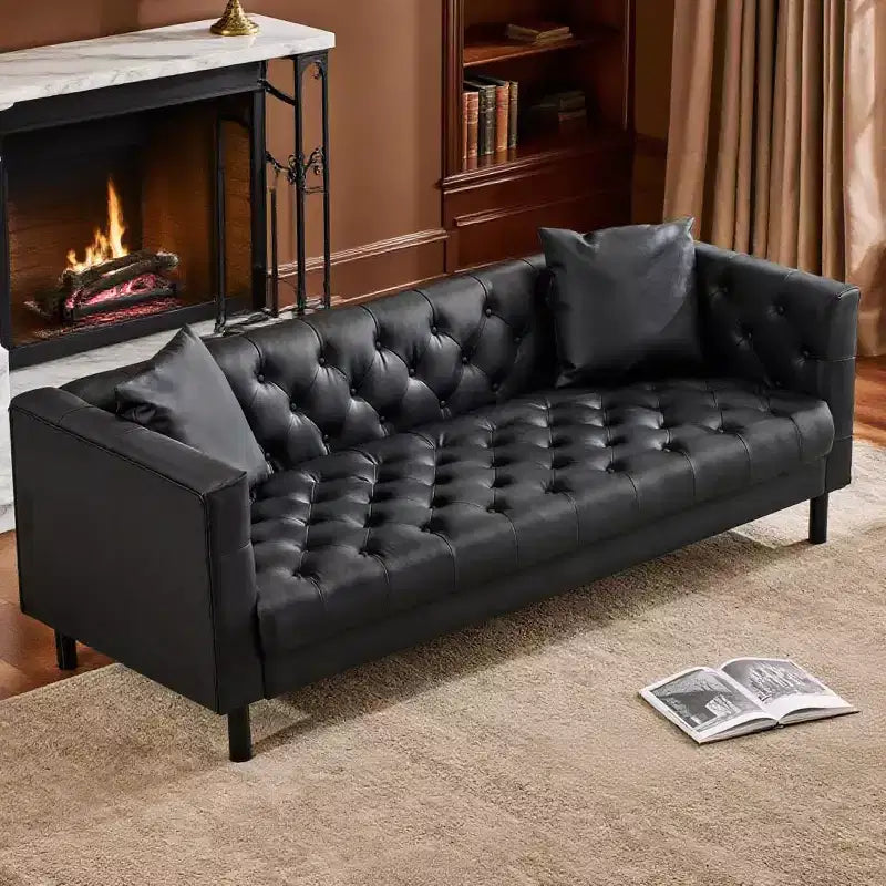 Canapé en cuir 78 po, canapé 3 places touffeté fait à la main, canapé Chesterfield avec assise profonde et 2 coussins, canapé en cuir, noir charbon de bois