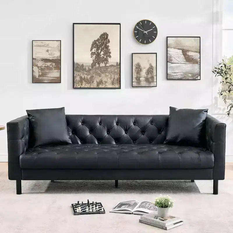 Canapé en cuir 78 po, canapé 3 places touffeté fait à la main, canapé Chesterfield avec assise profonde et 2 coussins, canapé en cuir, noir charbon de bois