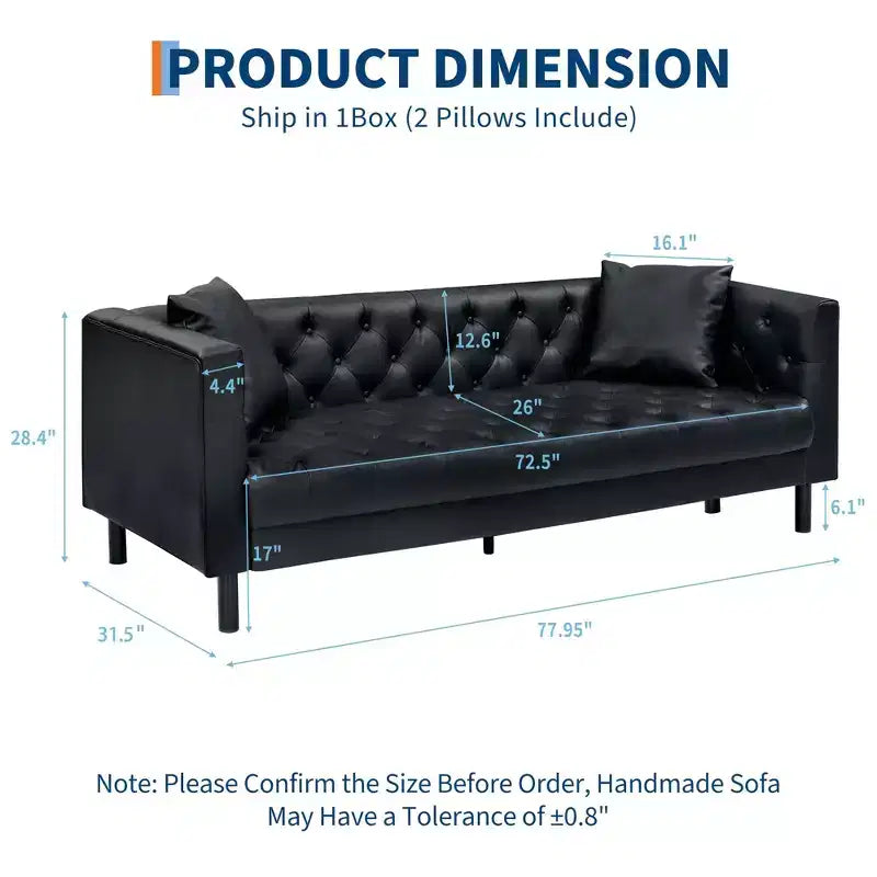 Canapé en cuir 78 po, canapé 3 places touffeté fait à la main, canapé Chesterfield avec assise profonde et 2 coussins, canapé en cuir, noir charbon de bois