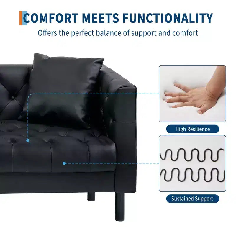 Canapé en cuir 78 po, canapé 3 places touffeté fait à la main, canapé Chesterfield avec assise profonde et 2 coussins, canapé en cuir, noir charbon de bois