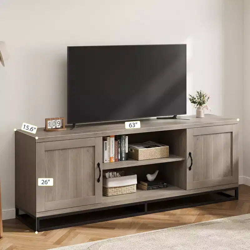 Meuble TV de ferme Garvee pour téléviseur de 75 pouces, meuble de divertissement avec pieds métalliques robustes et étagères réglables, console multimédia en bois pour salon et chambre