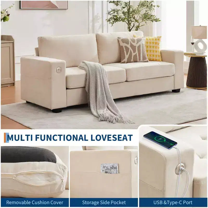 Canapé compact 90 cm, 2 places en chenille grise avec ports USB/Type-C et poches latérales, soutien mi-ferme