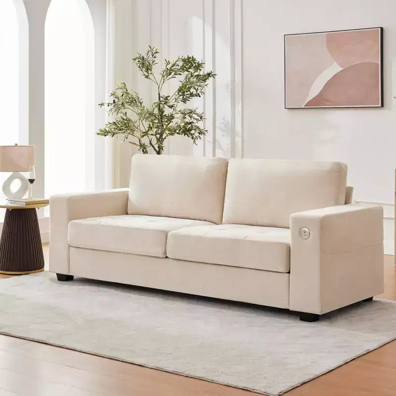 Canapé compact 90 cm, 2 places en chenille grise avec ports USB/Type-C et poches latérales, soutien mi-ferme