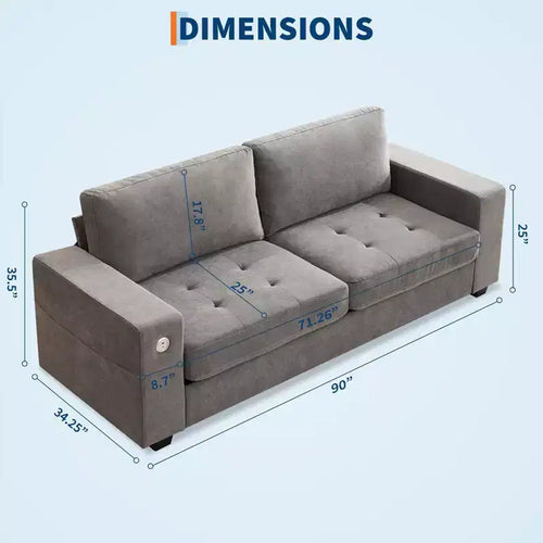 Canapé compact 90 cm, 2 places en chenille grise avec ports USB/Type-C et poches latérales, soutien mi-ferme