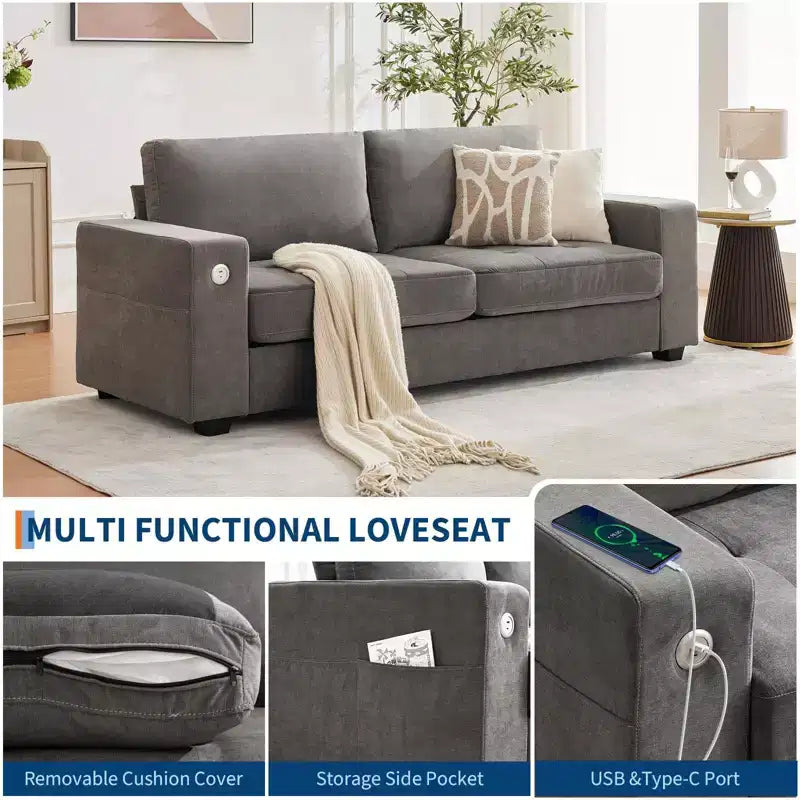 Canapé compact 90 cm, 2 places en chenille grise avec ports USB/Type-C et poches latérales, soutien mi-ferme