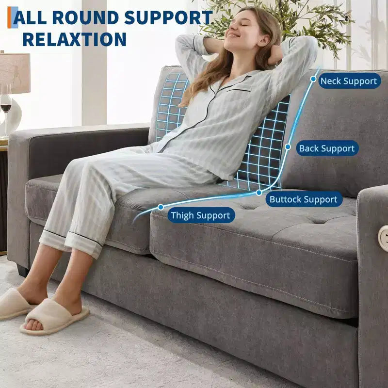 Canapé compact 90 cm, 2 places en chenille grise avec ports USB/Type-C et poches latérales, soutien mi-ferme