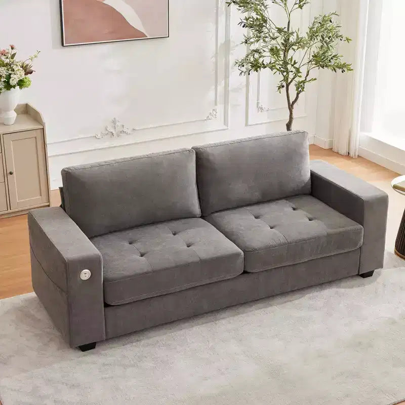Canapé compact 90 cm, 2 places en chenille grise avec ports USB/Type-C et poches latérales, soutien mi-ferme