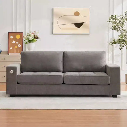 90 Compact Sofa, 2-Seater Gray Chenille Couch with USB/Type-C Ports & Side Pockets, Medium Firm Support