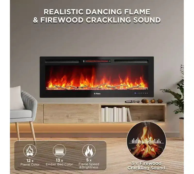 Coolmee Cheminée électrique 88 pouces, intelligente encastrable ou murale, contrôle WiFi, double chauffage 750/1500W, 12 couleurs de flamme, écran tactile, minuterie