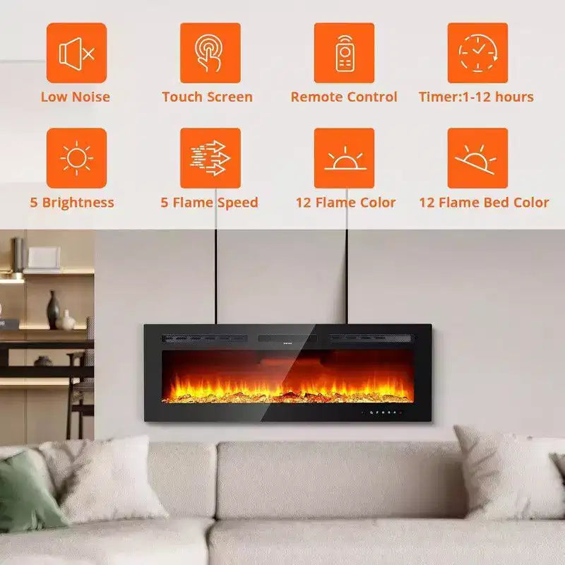 Coolmee Cheminée électrique 88 pouces, intelligente encastrable ou murale, contrôle WiFi, double chauffage 750/1500W, 12 couleurs de flamme, écran tactile, minuterie