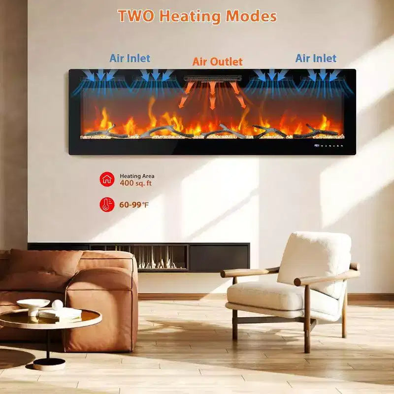Coolmee Cheminée électrique 88 pouces, intelligente encastrable ou murale, contrôle WiFi, double chauffage 750/1500W, 12 couleurs de flamme, écran tactile, minuterie