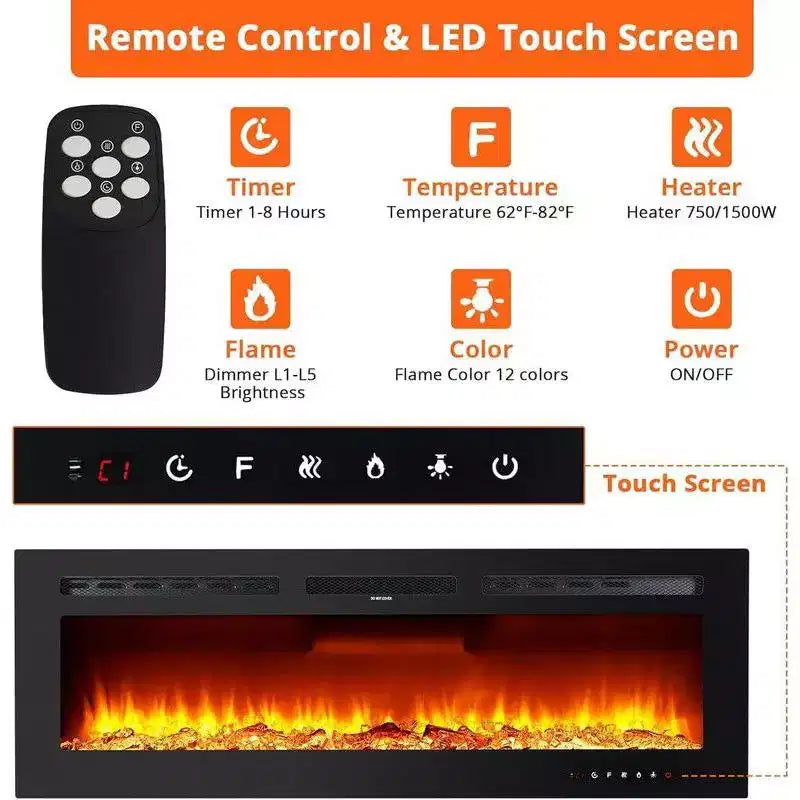 Coolmee Cheminée électrique 88 pouces, intelligente encastrable ou murale, contrôle WiFi, double chauffage 750/1500W, 12 couleurs de flamme, écran tactile, minuterie