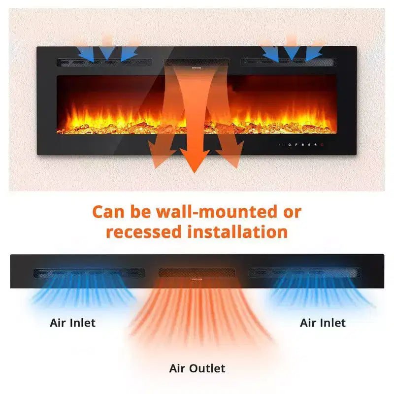 Coolmee Cheminée électrique intelligente de 80 pouces encastrée et murale, double chauffage 750/1500W avec télécommande, flammes réglables, écran tactile, minuterie