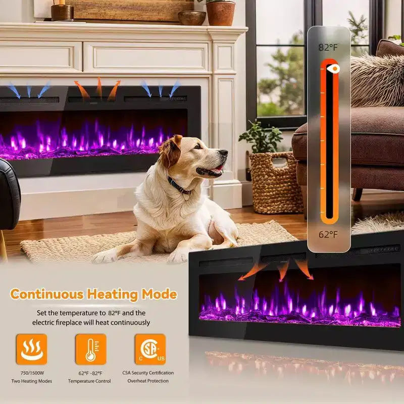 Coolmee Cheminée électrique intelligente de 80 pouces encastrée et murale, double chauffage 750/1500W avec télécommande, flammes réglables, écran tactile, minuterie