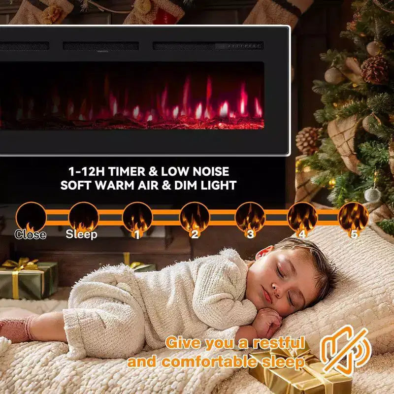 Coolmee Cheminée électrique intelligente de 80 pouces encastrée et murale, double chauffage 750/1500W avec télécommande, flammes réglables, écran tactile, minuterie