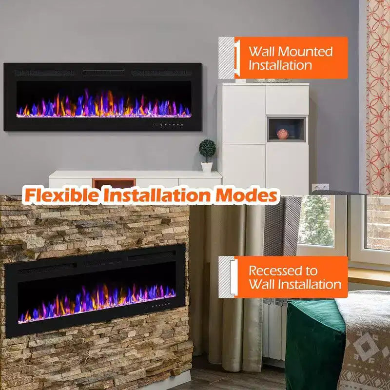 Coolmee Cheminée électrique intelligente de 80 pouces encastrée et murale, double chauffage 750/1500W avec télécommande, flammes réglables, écran tactile, minuterie