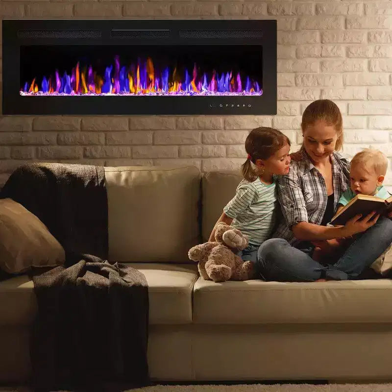 Coolmee Cheminée électrique intelligente de 80 pouces encastrée et murale, double chauffage 750/1500W avec télécommande, flammes réglables, écran tactile, minuterie