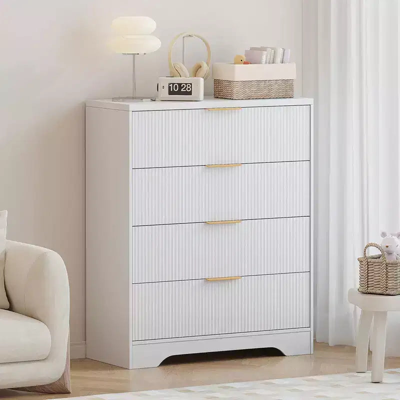 Commode à 5 tiroirs cannelée pour chambre à coucher, commode moderne de 120 cm de haut avec poignées en métal doré, commode en bois pour placard, salon, couloir